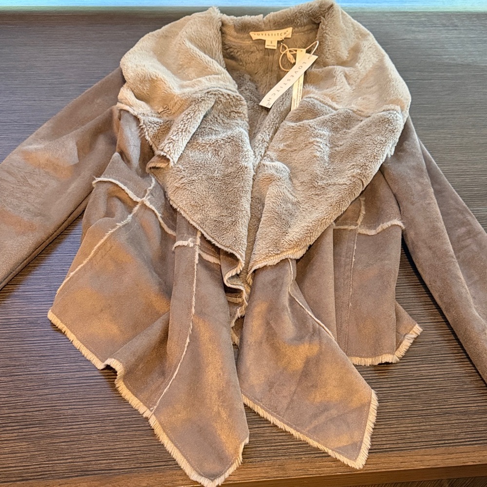 Taupe Faux Suede and Faux Fur Women's Jacket